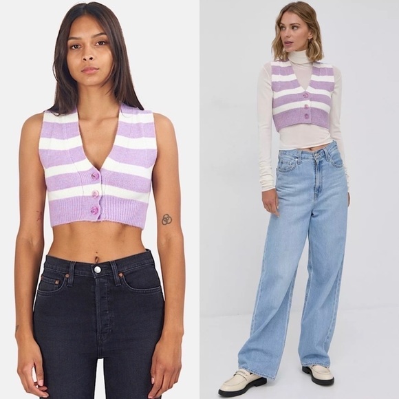 NWT FOR LOVE & LEMONS 90s Y2K Cropped Sleeveless Striped Cardigan Sweater Vest M - Picture 3 of 14